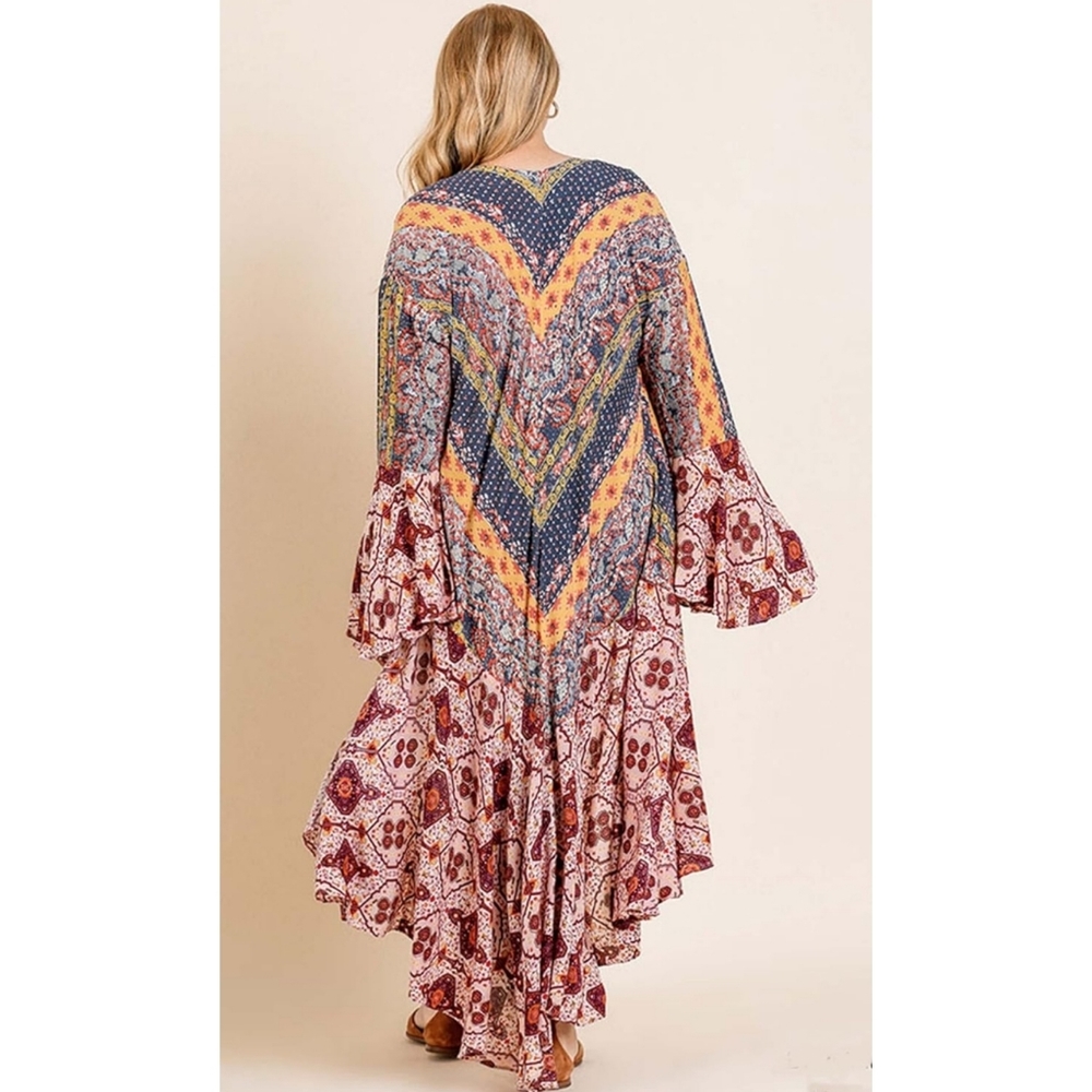 Umgee Women's Ruffle Long Body Kimono with Multicolor Print Size L